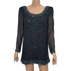 Stenay Womens Silk Top Vintage long Sleeve Beaded Sequin Sz S Black Turquoise‎
